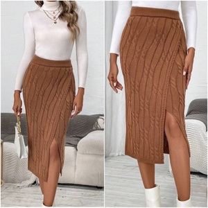 Cable Knit Split Thigh Ribbed Midi Skirt